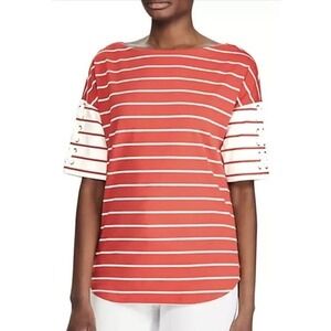 Lauren Ralph Lauren Striped Lace Up Sleeve‎ Top Womens 1X Red White Boat Neck